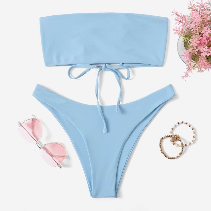 

Lace-up Bandeau With High Leg Bikini Set, Blue