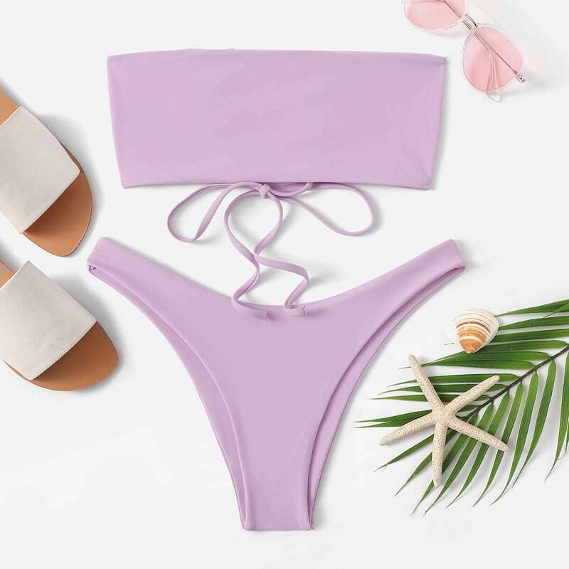 

Lace-up Bandeau With High Leg Bikini Set, Purple
