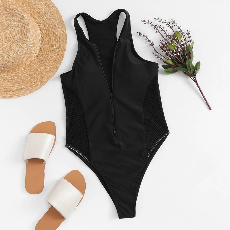 

Fish Net Panel Zipper-up Tank One Piece Swimwear, Black