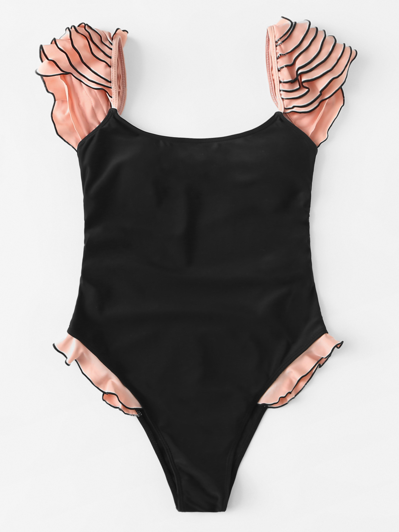 Contrast Piping Ruffle Trim One Piece Swimwear Contrast Piping Ruffle Trim One Piece Swimwear