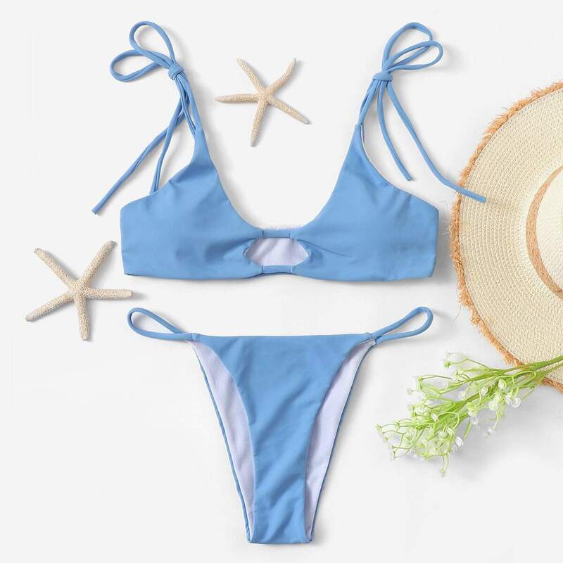 

Cut-out Self Tie Top With High Leg Bikini, Blue