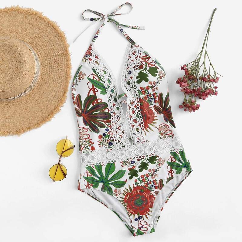 

Random Tropical Crochet Deep-V Backless One Piece Swimwear, Multicolor