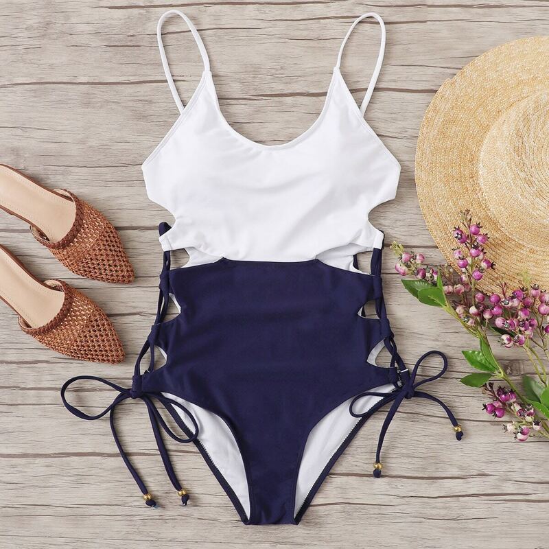 

Two Tone Tie Side One Piece Swim, Multicolor
