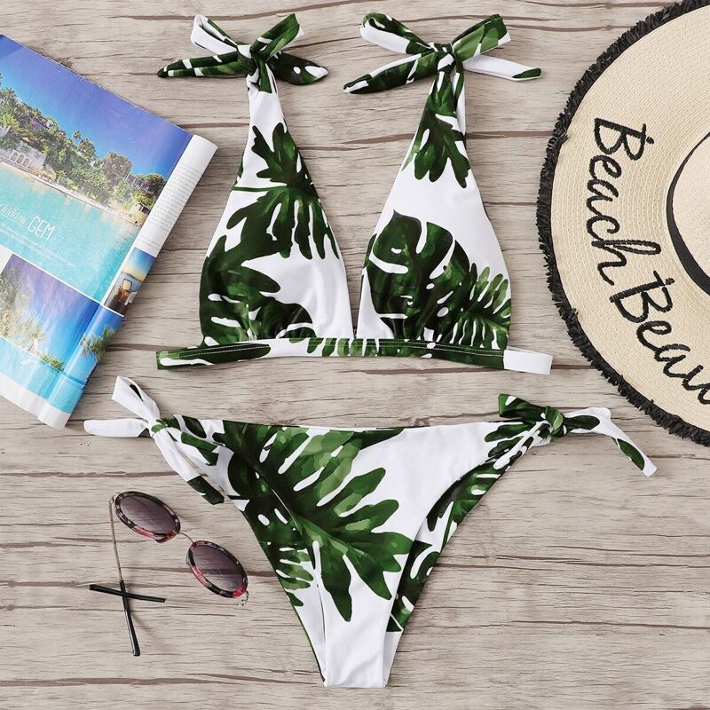 

Random Palm Print Top With Tie Side Bikini, Multicolor