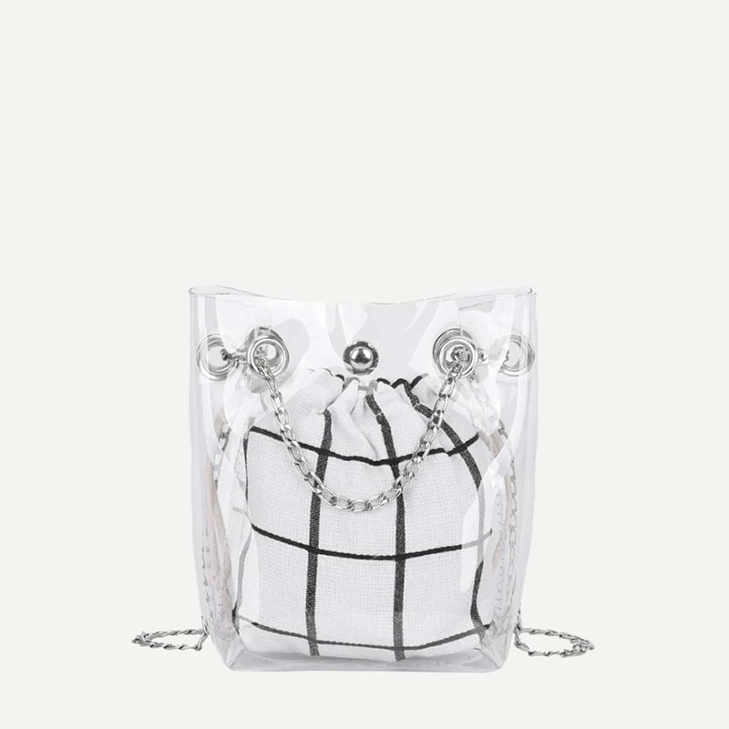 

Clear Chain Bag With Inner Plaid Clutch, White