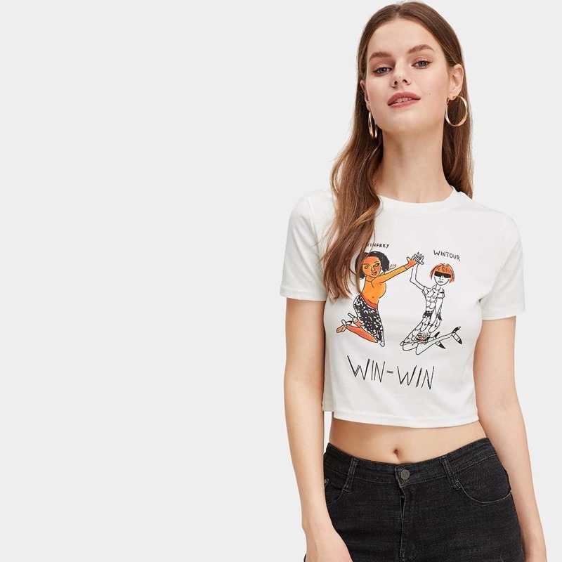

Girl And Letter Print Crop Tee, Beige