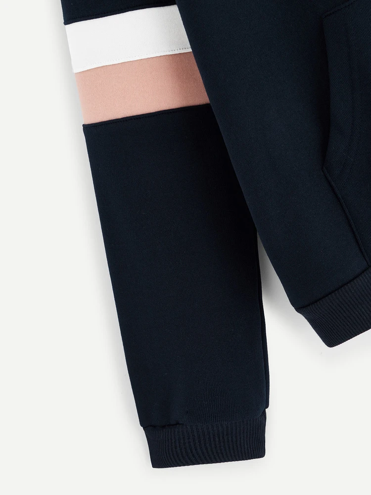 Letter Embroidered Contrast Striped Hoodie Graduation,Teacher,Back To School Pullover Fall