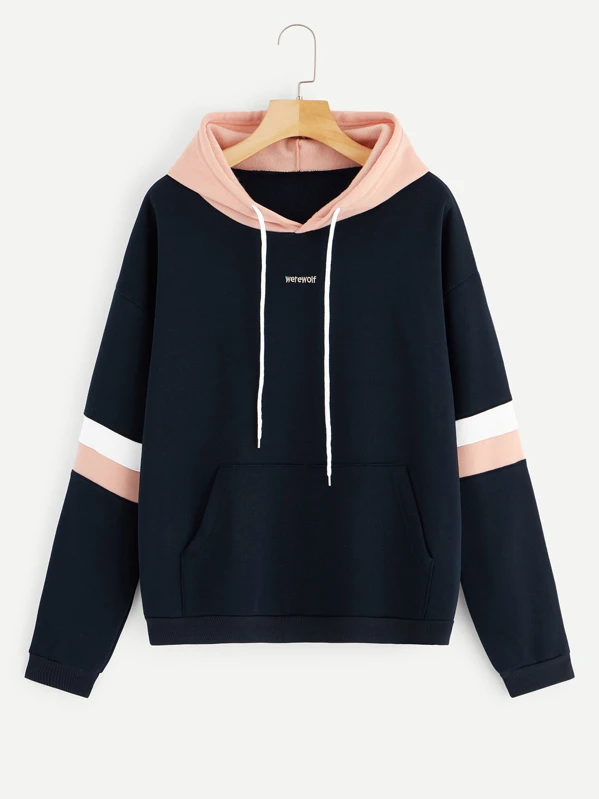 Letter embroidered contrast striped hoodie Clearance