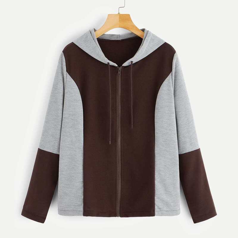 

Color Block Drawstring Zip-up Hoodie, Brown