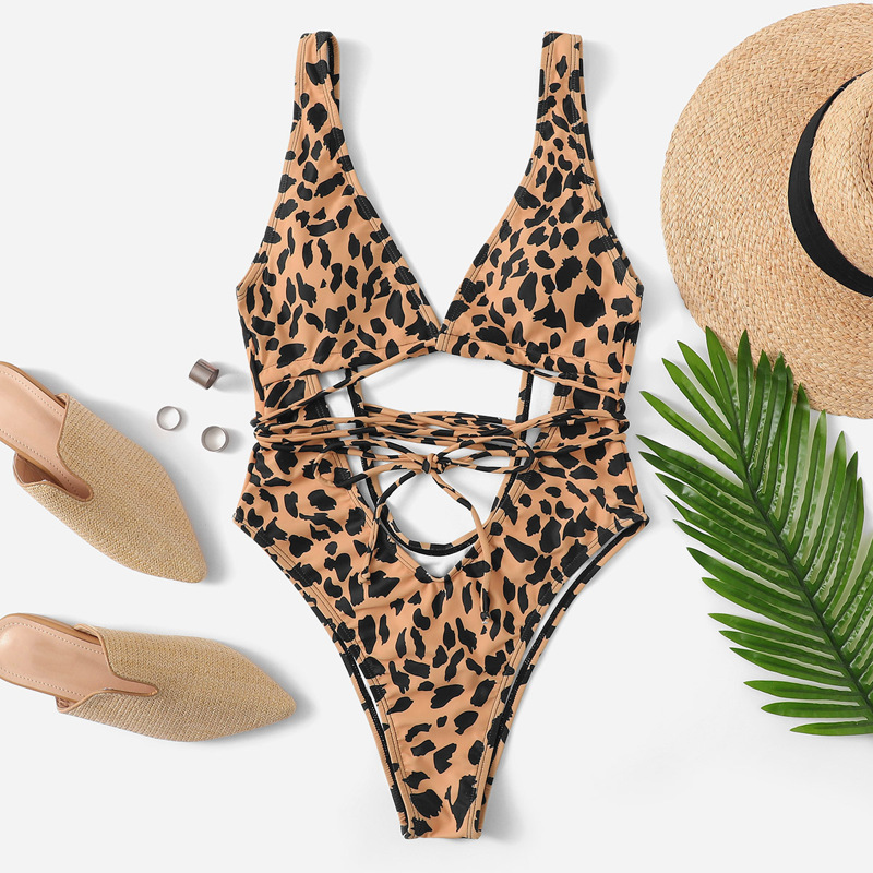 

U Back Self Tie Leopard One Piece Swimsuit, Multicolor