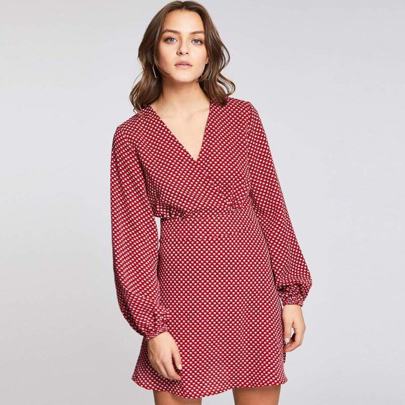 

Lantern Sleeve Surplice Neck Dress, Red