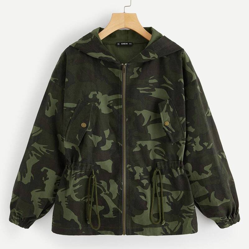 

Drawstring Waist Camo Hooded Jacket, Multicolor