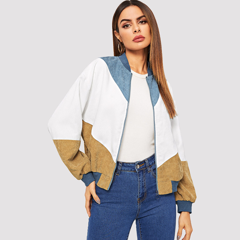

Cut-and-sew Zipper Cord Bomber Jacket, Multicolor