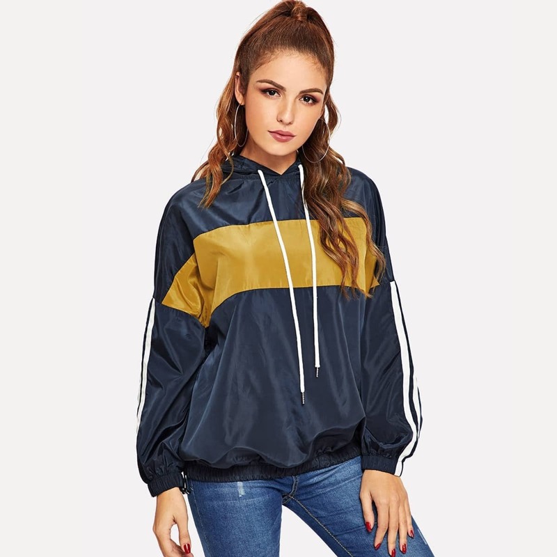 

Striped Sleeve Cut-and-sew Hoodie Jacket, Navy