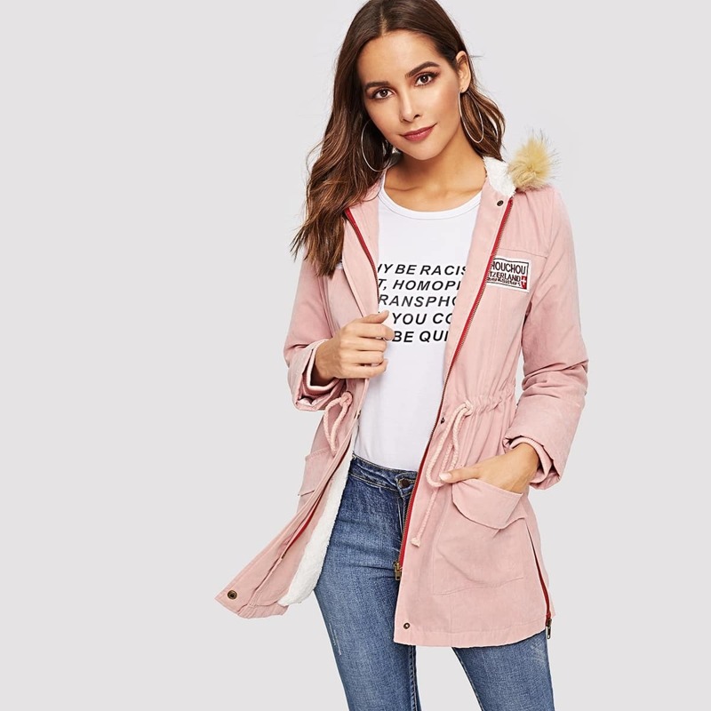 

Faux Fur Contrast Pocket Letter Coat, Pink