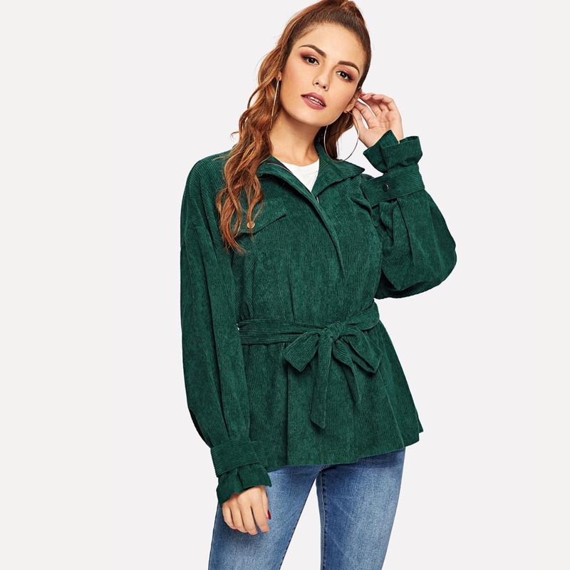 

Belted Waist and Cuff Corduroy Coat, Green