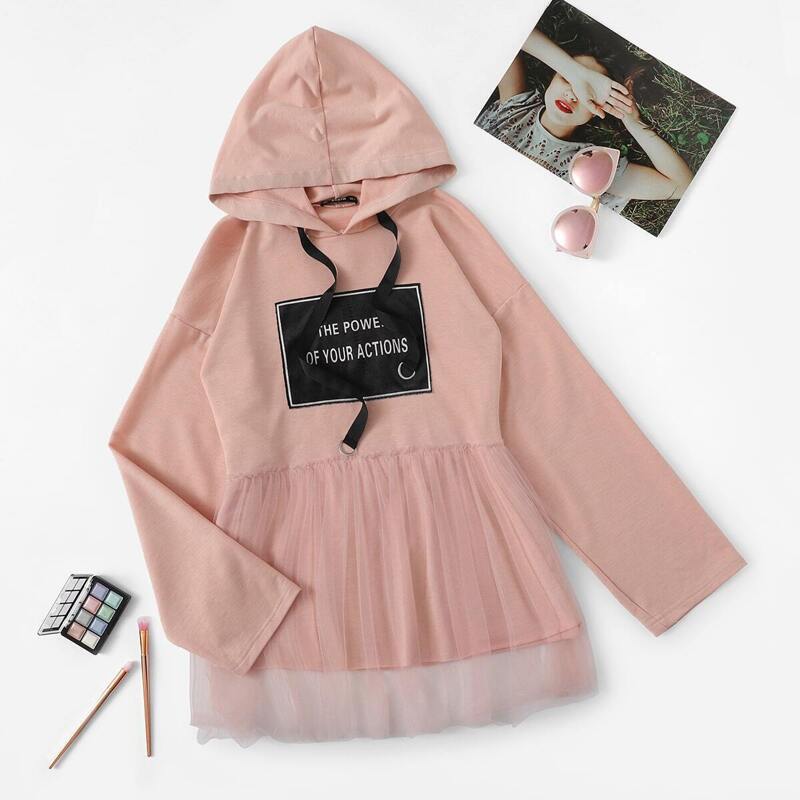 

Patched Detail Mesh Overlay Hoodie, Pink