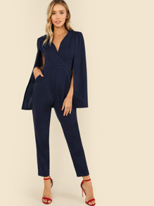 Surplice Neck Solid Cape Jumpsuit