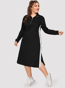 Plus Contrast Panel Half Placket Slit Dress