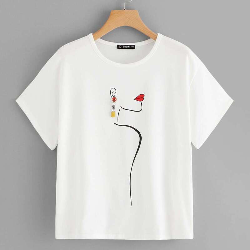 

Plus Face Sketch Tee With Earring, White