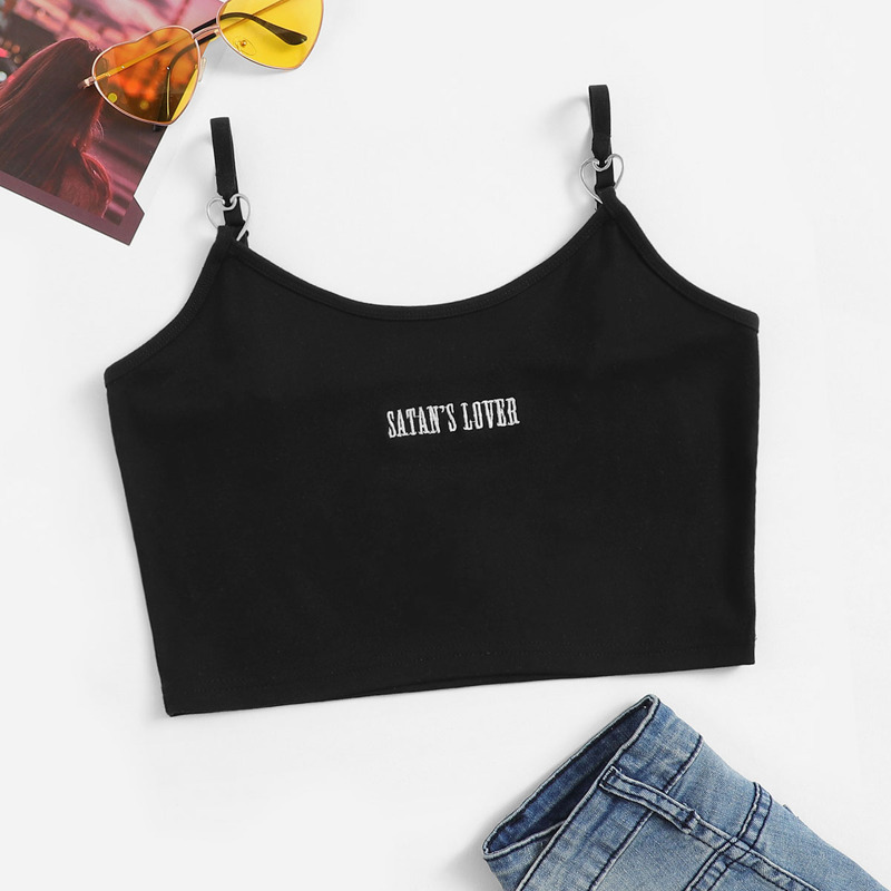 

Letter Embroidered Cami Top, Black