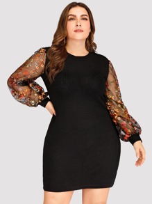 Plus Contrast Mesh Floral Embroidery Dress