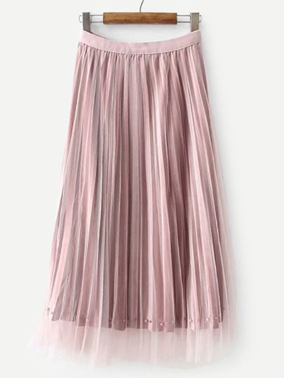 Pearl Beaded Mesh Overlay Pleated Skirt pictures