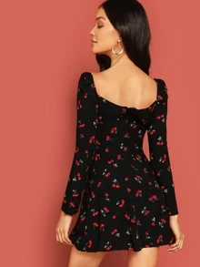 SHEIN Vestido con estampado de cereza de cuello cuadrado con cordón - Negro - Ver 2
