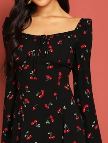 SHEIN Vestido con estampado de cereza de cuello cuadrado con cordón - Negro - Ver 4