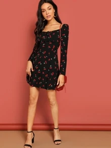 SHEIN Vestido con estampado de cereza de cuello cuadrado con cordón - Negro - Ver 5