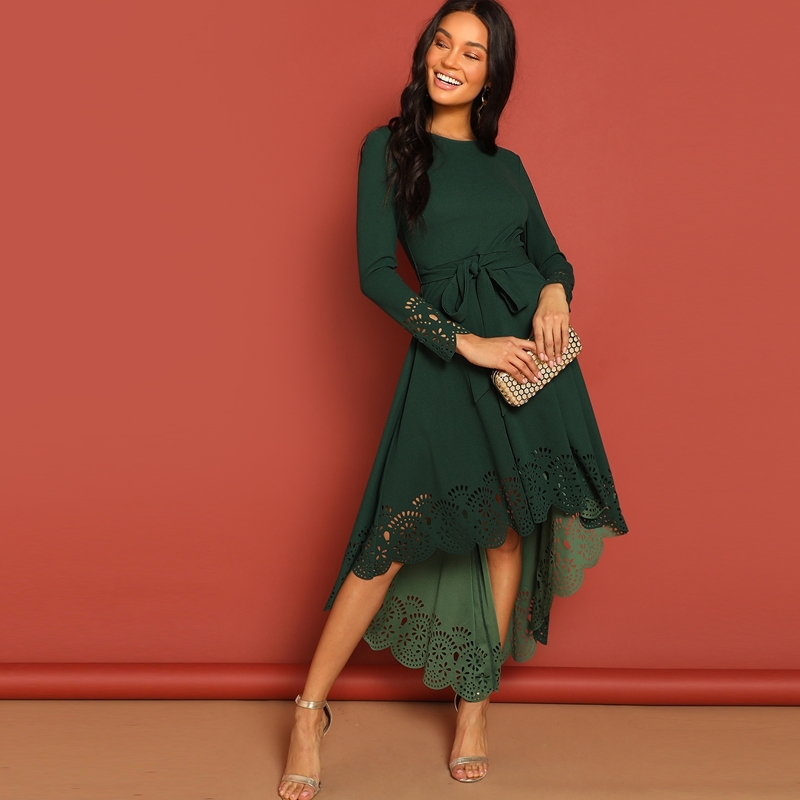 

Laser Cut Scalloped Trim Belted Dress, Dark green