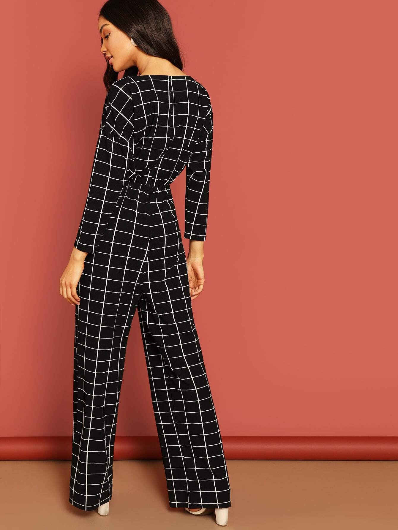 Zipper Back Grid Print Patchwork Jumpsuit
