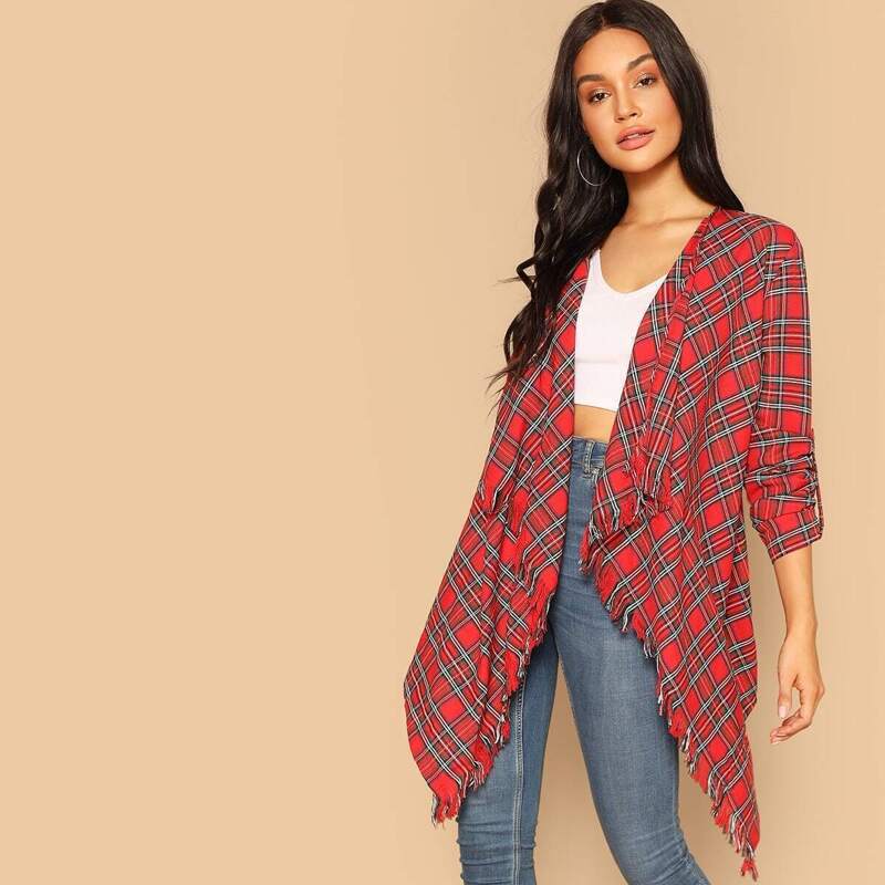 

Roll Up Sleeve Frayed Hanky Hem Plaid Coat, Red