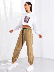 SHEIN 推前搭扣側口袋褲子 - 卡其色 - 查看 4