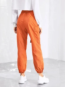 SHEIN 前推搭扣腰帶彈性邊褲子 - 橘色 - 查看 2