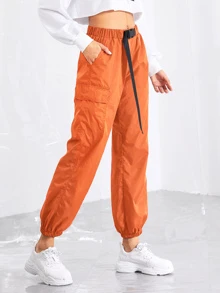 SHEIN 前推搭扣腰帶彈性邊褲子 - 橘色 - 查看 3