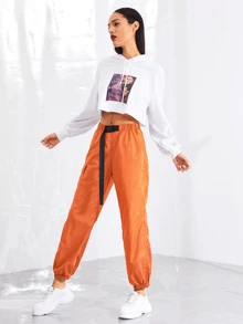 SHEIN 前推搭扣腰帶彈性邊褲子 - 橘色 - 查看 4