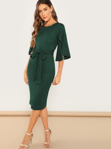 Split Flutter Sleeve Self Belted Pencil Dress