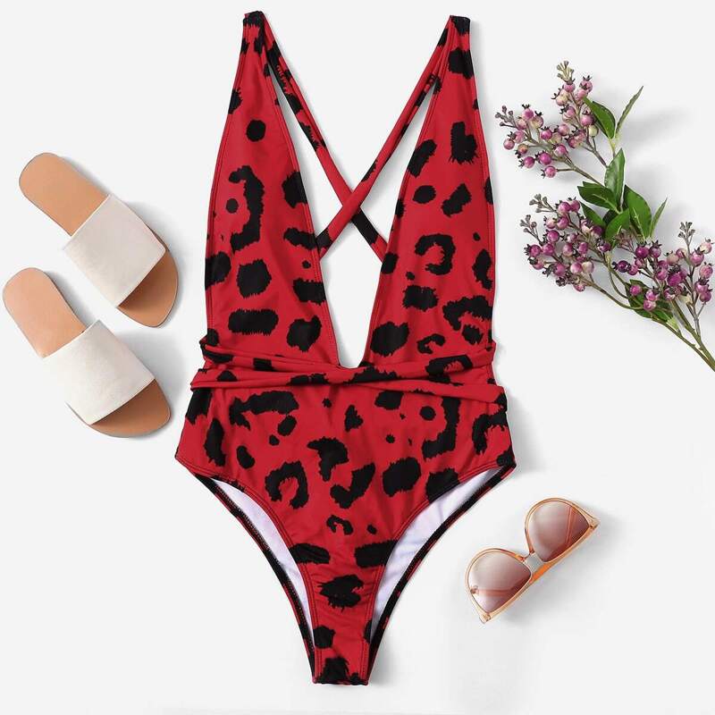 

Leopard Deep-V Criss Cross Backless One Piece Swimsuit, Multicolor