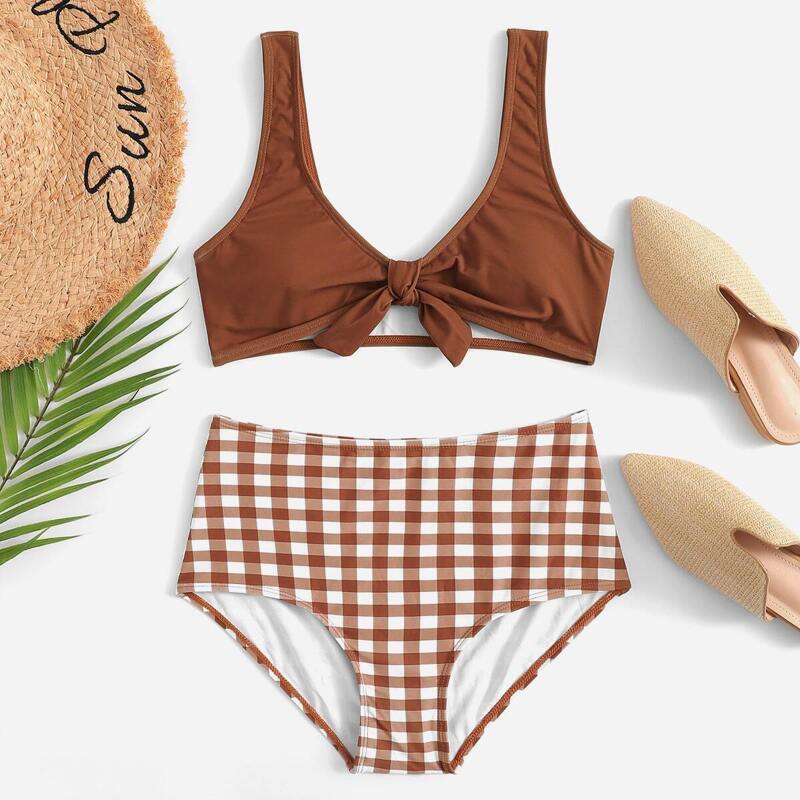 

Tie Front Top With Gingham High Waist Bikini, Multicolor