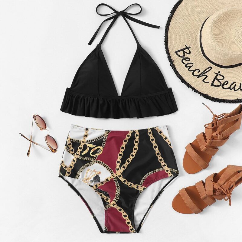 

Ruffle Top With Random Chain Print Ruched Bikini, Multicolor