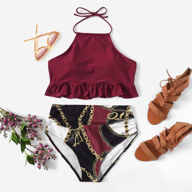 

Ruffle Top With Random Chain Print Ruched Bikini, Multicolor
