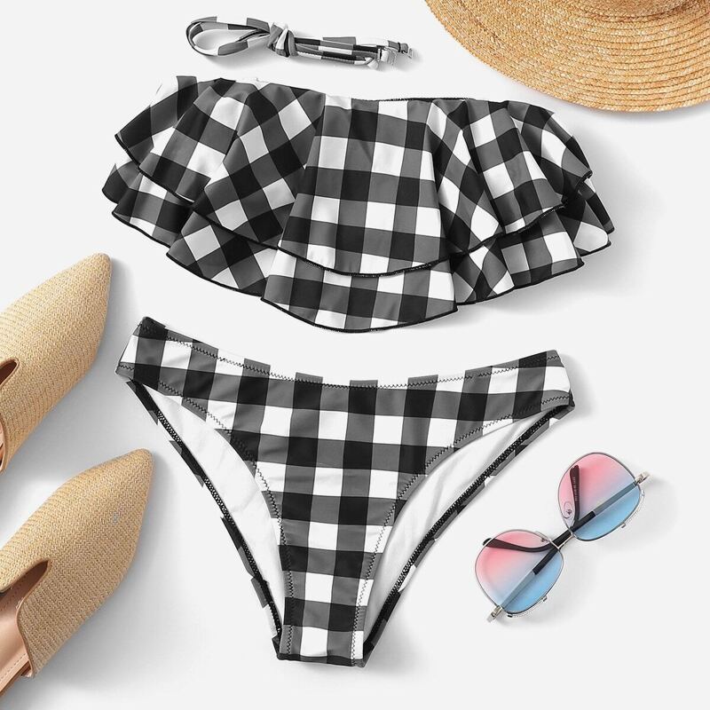 

Gingham Flounce Off the Shoulder Bikini Set, Black and white