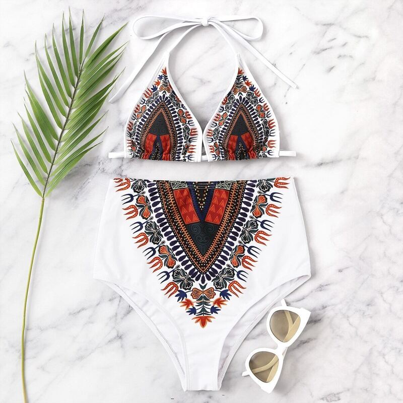 

Tribal Print Halter Top With High Waist Bikini, Multicolor
