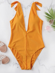 Shoulder Knot Solid One Piece Swimsuit