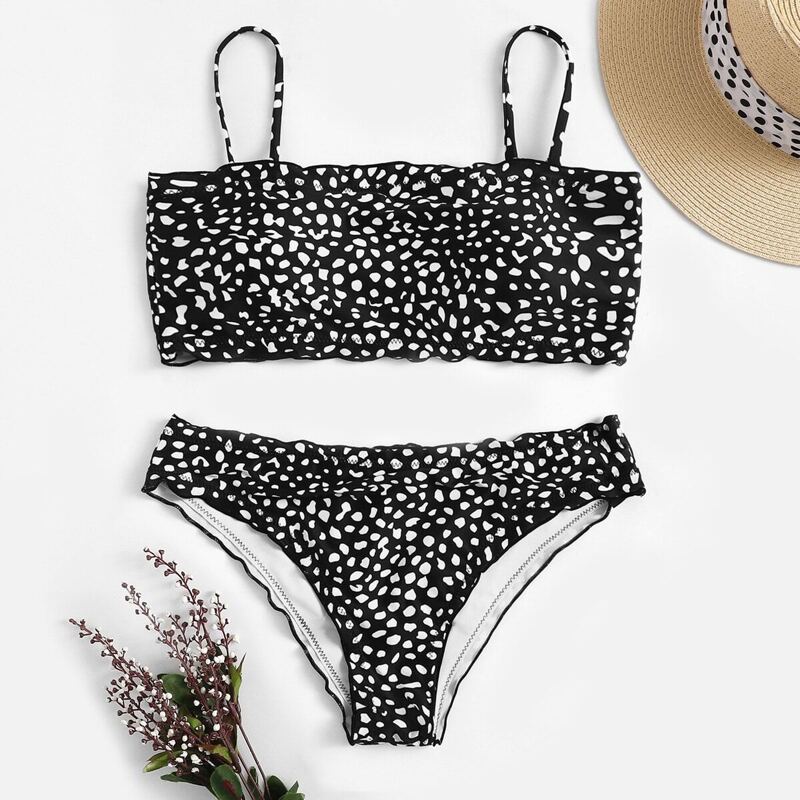 

Spot Print Frill Trim Bikini Set, Black and white