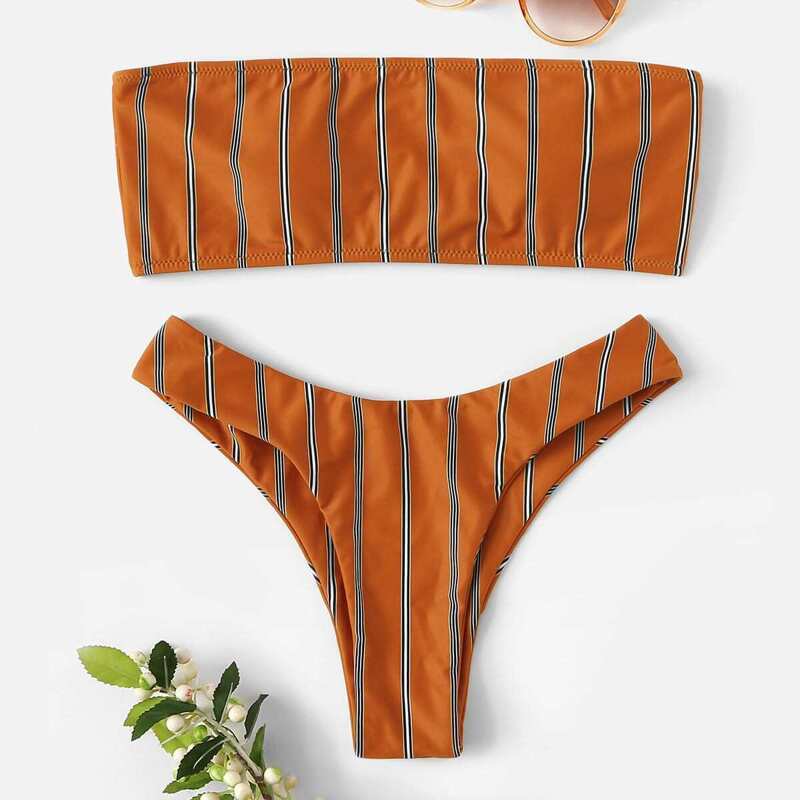Striped Bandeau Top With Cheeky Bikini Set, Brown