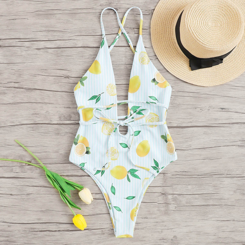 

Lace Up Mango Print Striped One Piece Swimsuit, Multicolor