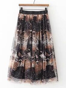Snakeskin Print Mesh Overlay Pleated Skirt