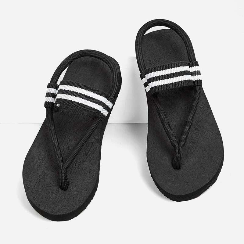 

Striped Detail Toe Post Sandals, Black